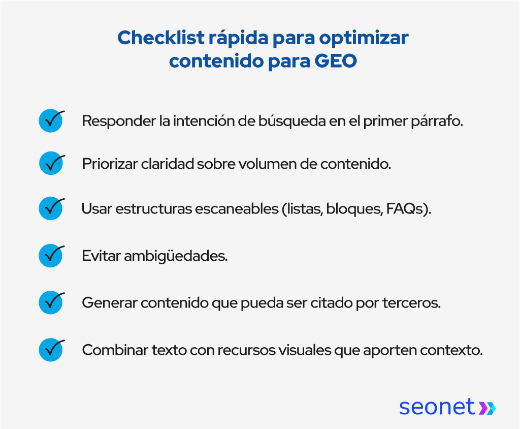 La imagen ofrece una checklist rápida para optimizar contenido para GEO. Son 6 items:  Responder la intención de búsqueda en el primer párrafo, Priorizar claridad sobre volumen de contenido,Usar estructuras escaneables (listas, bloques, FAQs),
Evitar ambigüedades
Generar contenido que pueda ser citado por terceros,
Combinar texto con recursos visuales que aporten contexto.
