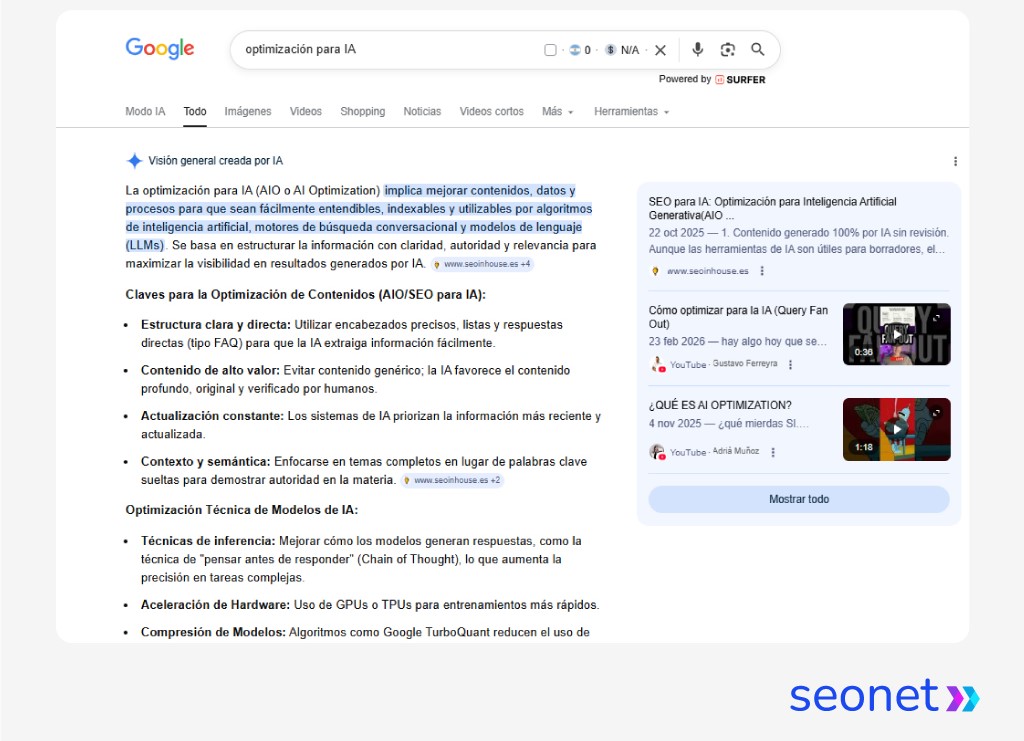 Captura de pantalla que muestra cómo trabajan AI Overview ante una búsqueda de usuario.