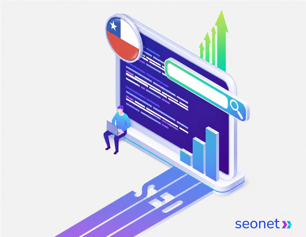 ¿Cuánto cuesta el SEO en Chile? Dibujo de pc en Chile con métricas SEO en alza