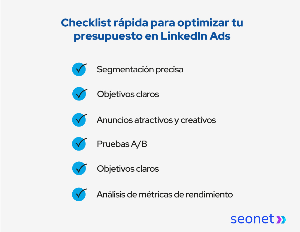 Imagen de una checklist para optimizar tu presupuesto en LinkedIn Ads.