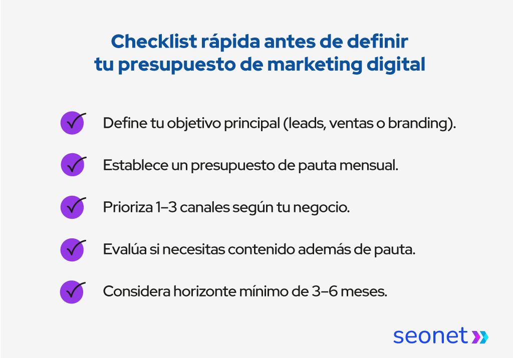 Checklist rápida antes de definiir tu presupuesto en marketing digital