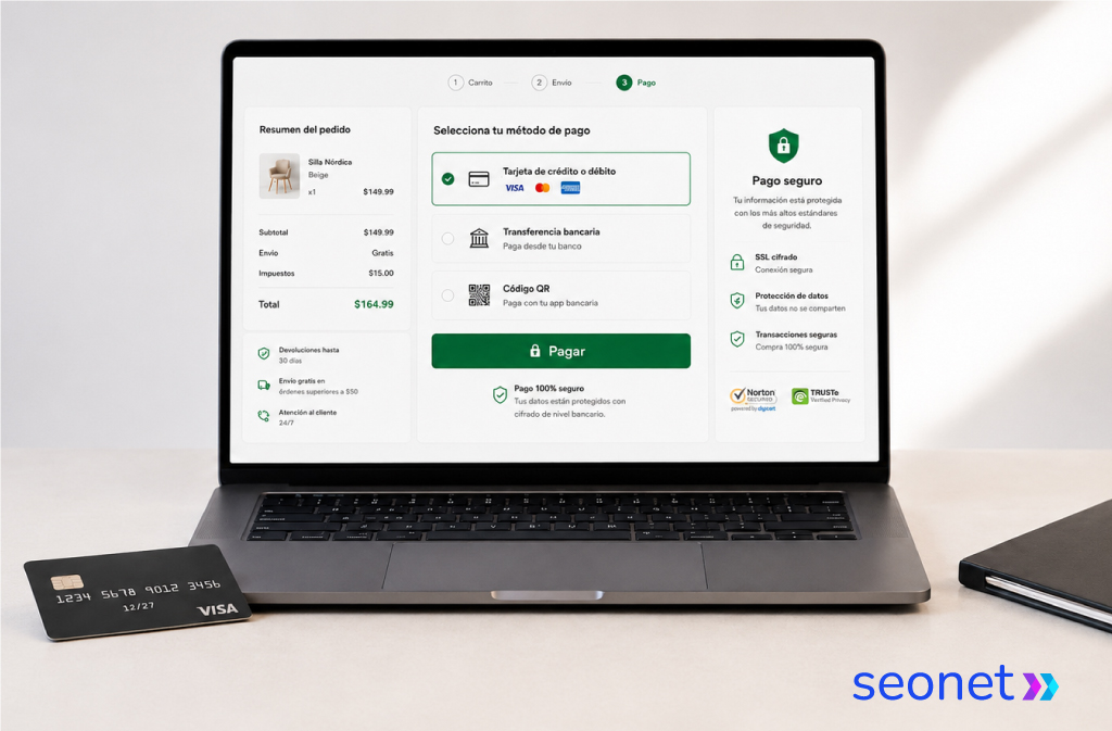  Una notebook que en pantalla tiene el checkout en una pasarela de pago.