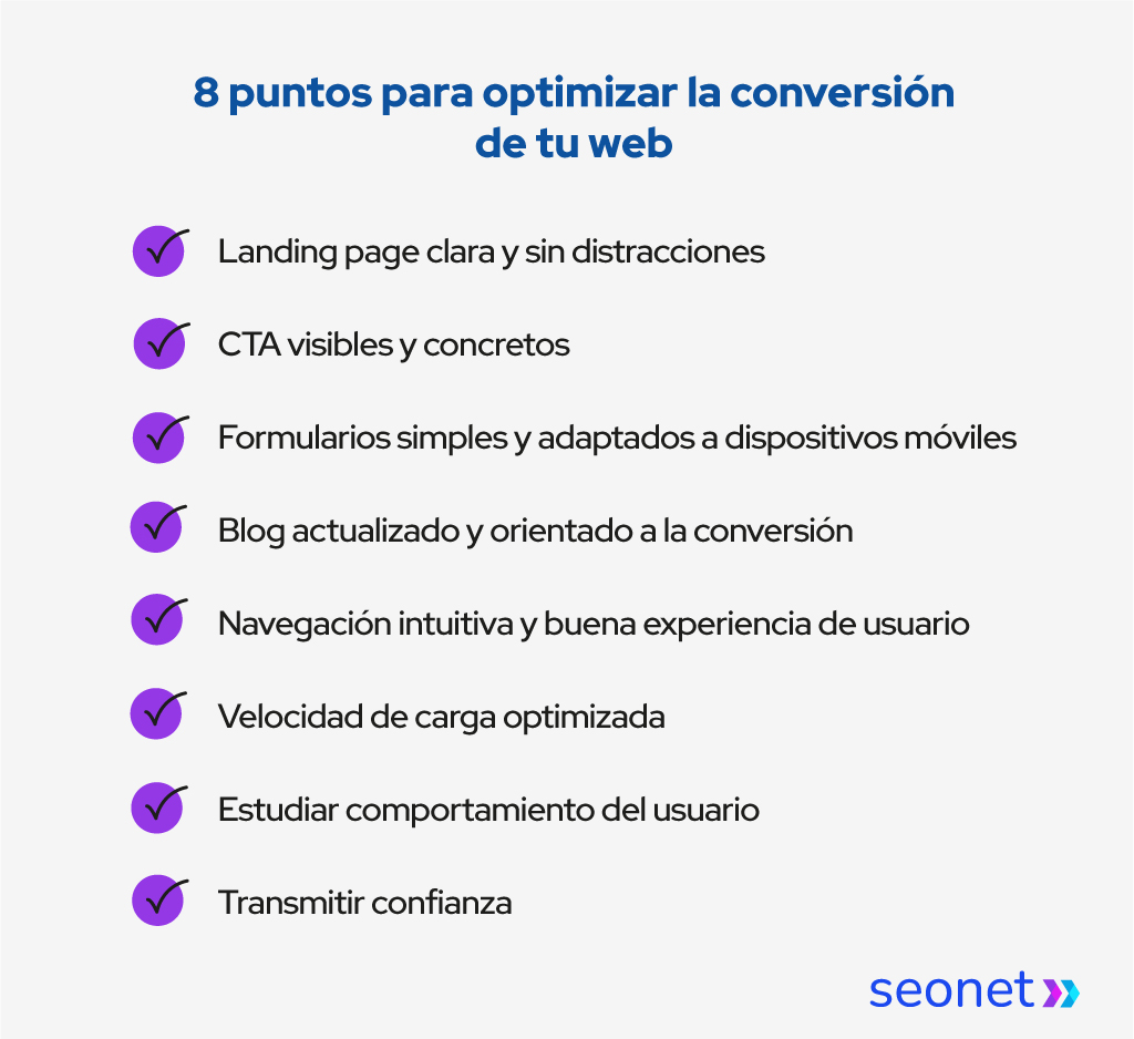 Checklist con 8 puntos para optimizar las conversiones de tu sitio web