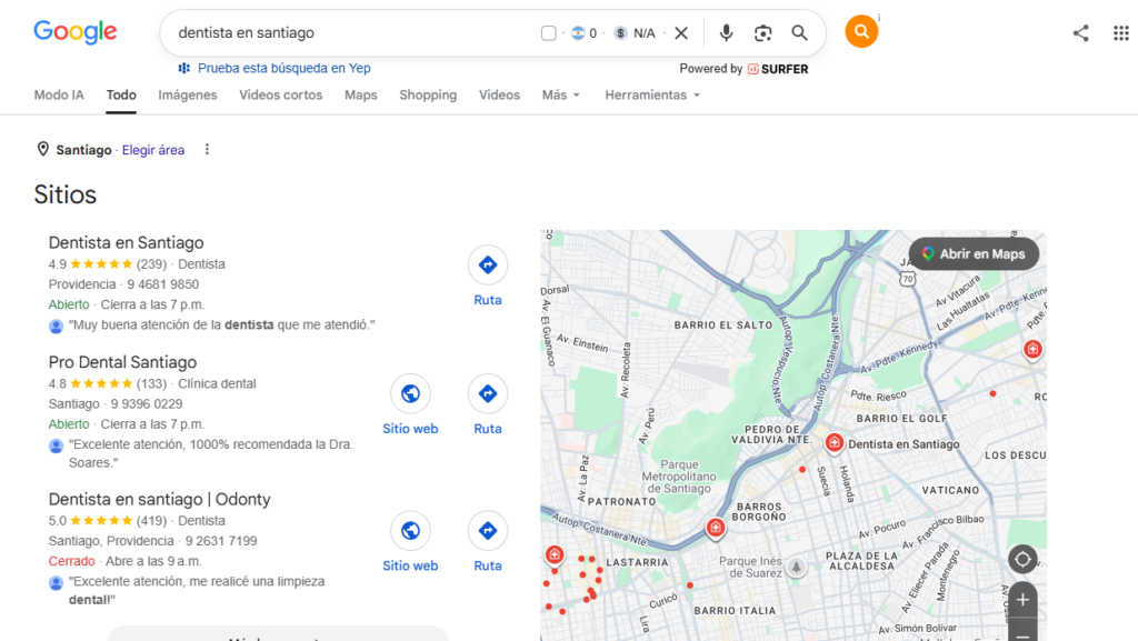 SEO local en Chile: captura de pantalla de la búsqueda "dentista en santiago"